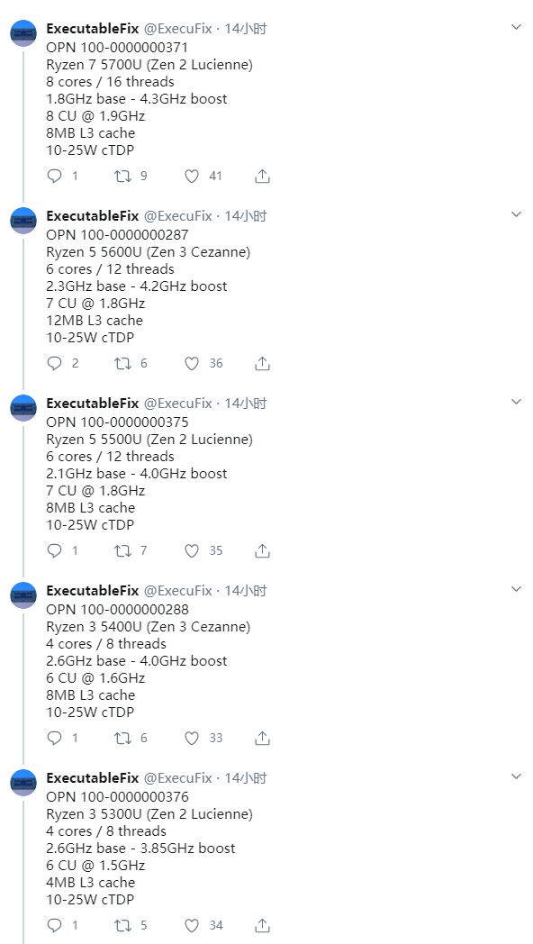 AMD銳龍5000U型號、規(guī)格全曝光：Zen3、Zen2一鍋亂燉