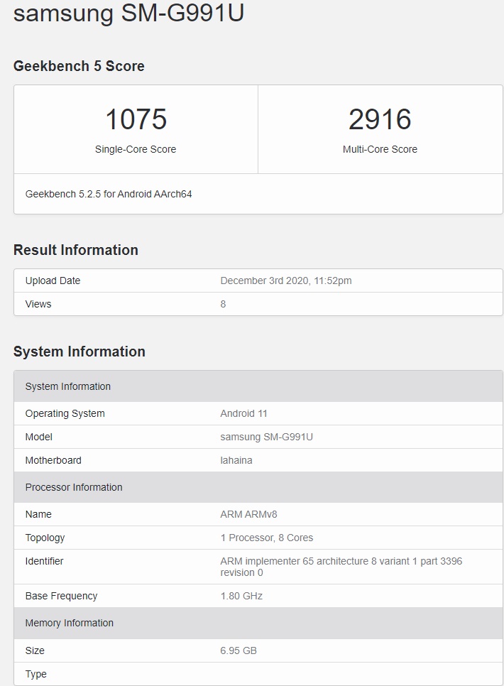 三星 Galaxy S21 現(xiàn)身 GeekBench：搭載驍龍 888 芯片，運(yùn)行安卓 11