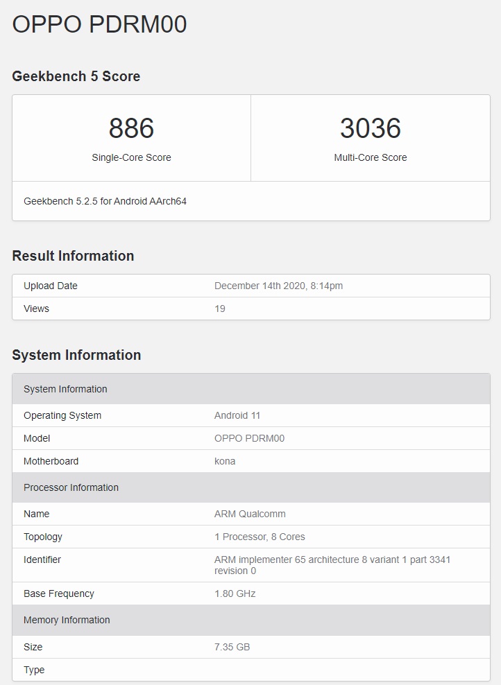 OPPO Reno5 Pro+ 現(xiàn)身 GeekBench，驍龍 865 加持