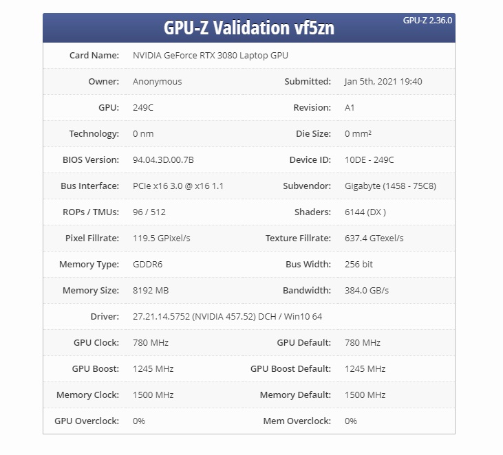 英偉達(dá) RTX 3080 Max-Q 曝光：頻率降至 1245 MHz，8GB 顯存