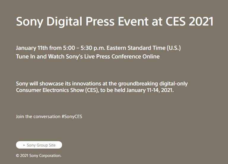 索尼正式公開 CES 2021 在線發(fā)布平臺(tái) Sony Square，線上發(fā)布會(huì) 1 月 12 日早晨舉辦