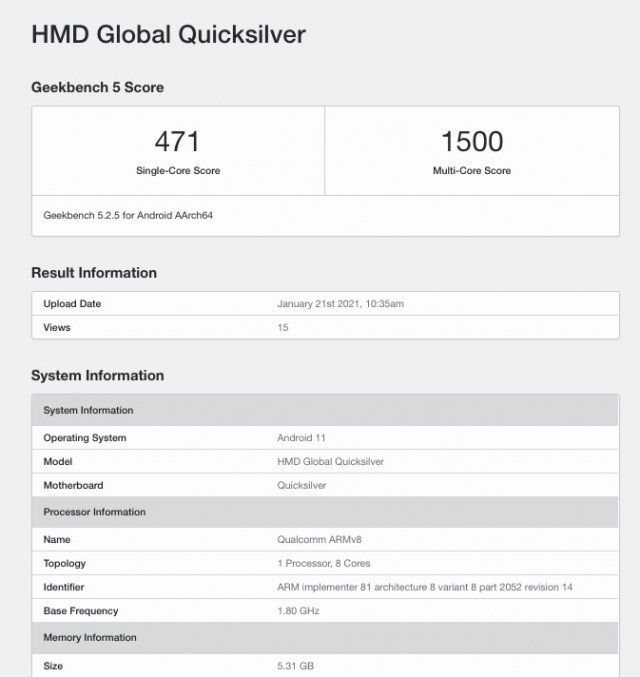 諾基亞新機現(xiàn)身 Geekbench，代號 “Quiksilver”