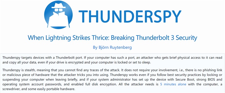 雷電接口存缺陷，2019 年之前生產的任何 PC 都易受到“Thunderspy”攻擊