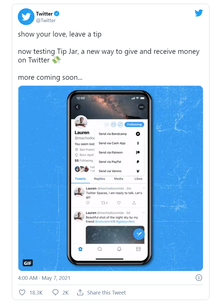 Twitter 在海外推出打賞功能，可將賬號與 PayPal/Venmo 免費(fèi)打通