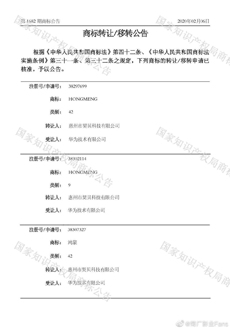 消息稱華為獲得“鴻蒙”商標轉(zhuǎn)讓