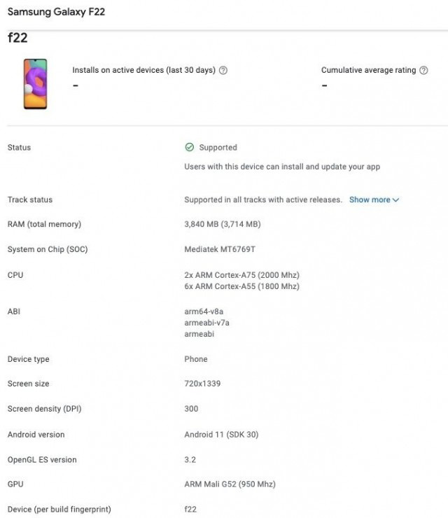 三星 Galaxy F22 手機現(xiàn)身谷歌 Play 控制臺,搭載 Helio G80