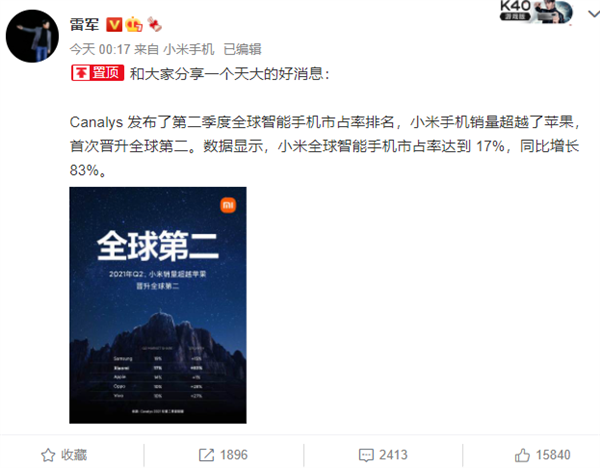 小米銷量超蘋果躋身全球第二上熱搜 雷軍：天大的好消息