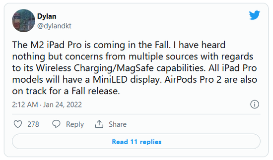 新款iPad Pro將配M2芯片 但不支持MagSafe無線充電
