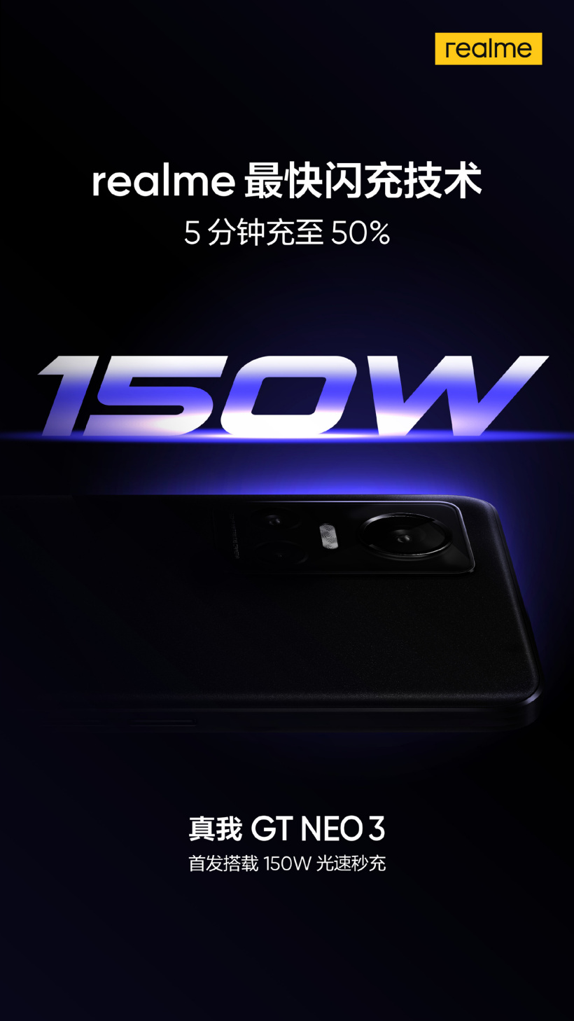 realme 真我 GT Neo3 全球首發(fā) 150W 光速秒充：5 分鐘充至 50%