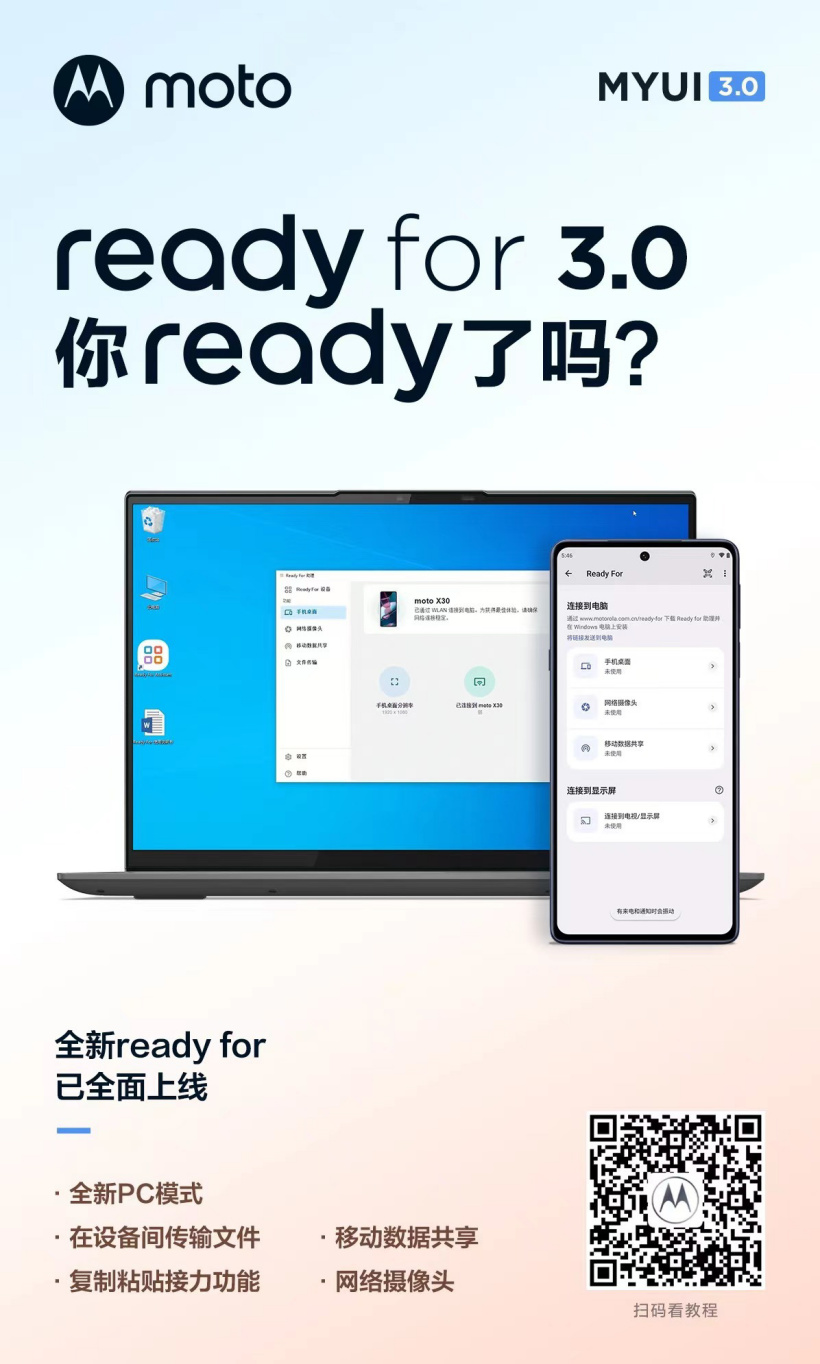 摩托羅拉 MYUI 3.0 多屏互聯(lián)功能 ready for 3.0 正式上線：PC 模式、文件拖拽、復制接力等